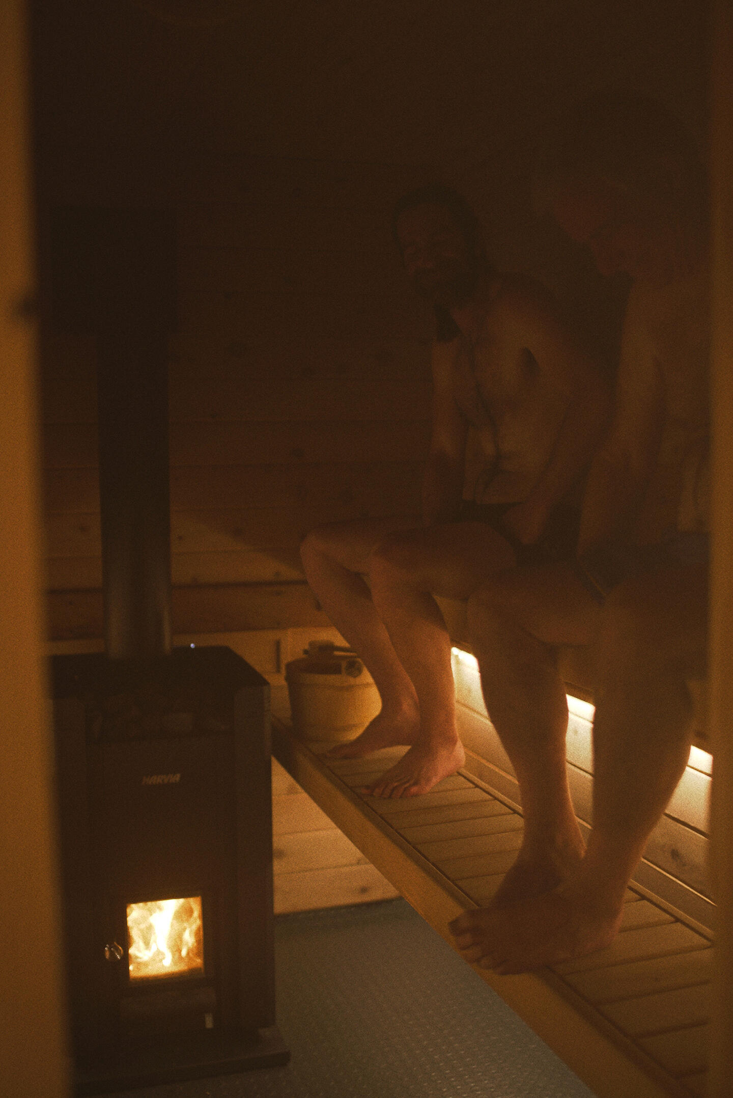 Father and Son enjoy a wood-fired, Finnish steam sauna. Sauna in Prescott, AZ